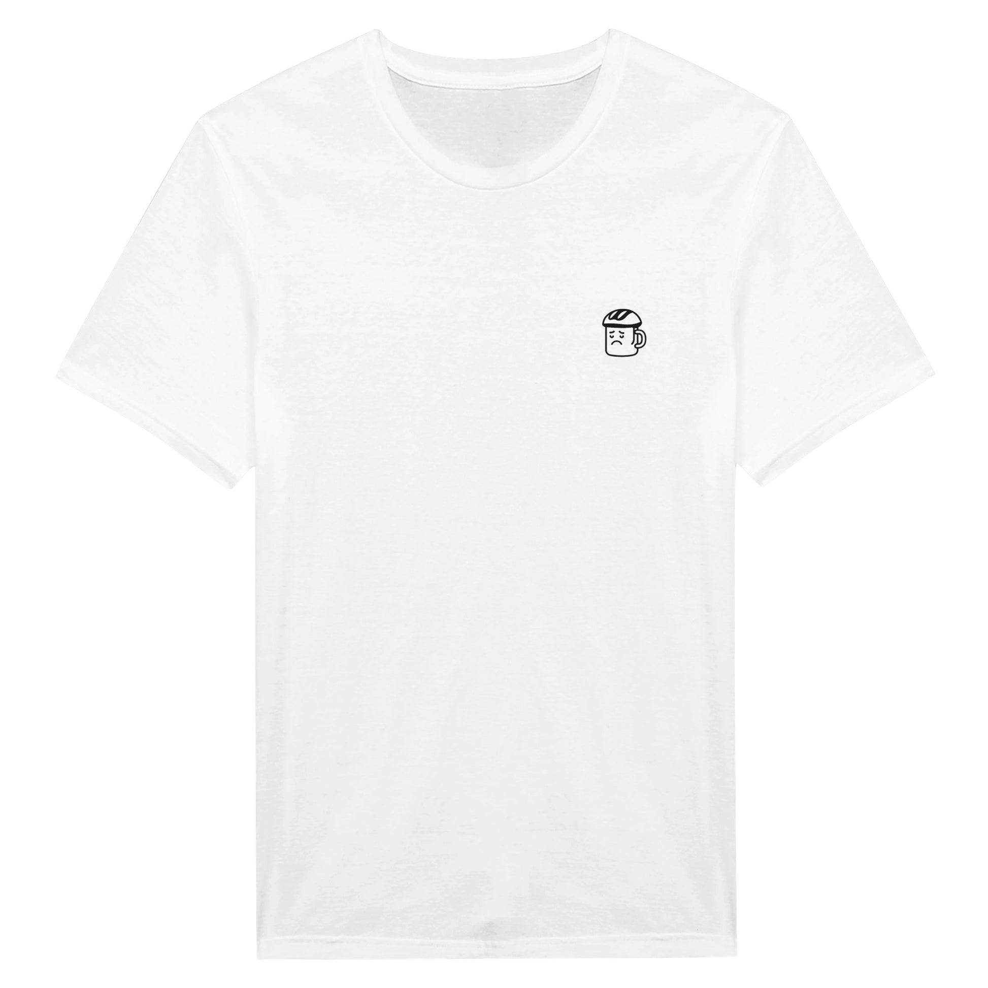 Kleines Icon auf der Brust: Trauriger Kaffeebecher mit Fahrradhelm