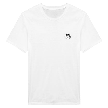 Kleines Icon auf der Brust: Trauriger Kaffeebecher mit Fahrradhelm